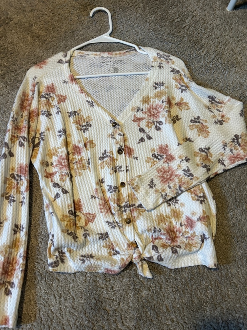 American Eagle Outfitters Cream Waffle-Knit Top with Pink & Mustard Accents